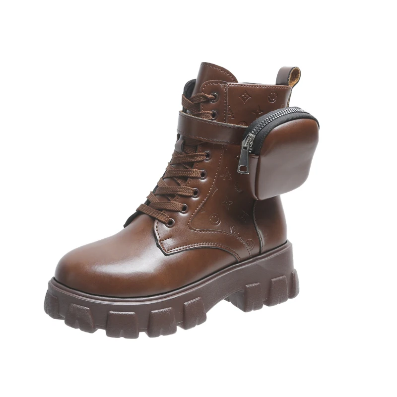 PU Stain Resistant Anti-Slippery with Small Bag for Women Snow Winter Height Increased 5cm Warm Ankle Platform Martin Lady Boots