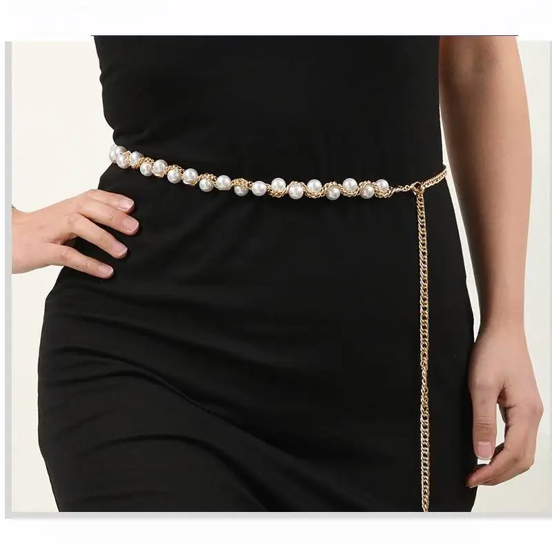 Adjustable Women Girls Pearl Beads Metal Waist Chain Belt Fashion Belly Jewelry for Ladies Dresses