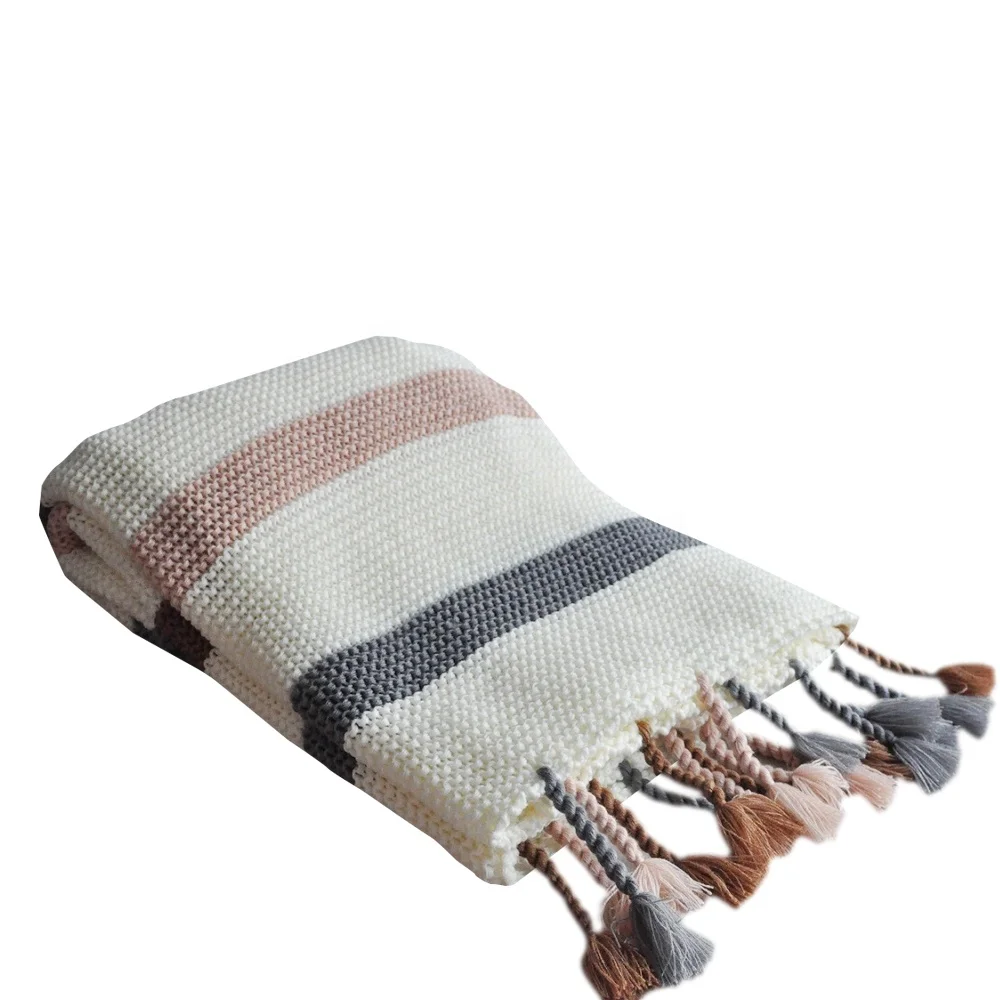 Home textile heavy knitted blankets handmade fringe striped blankets