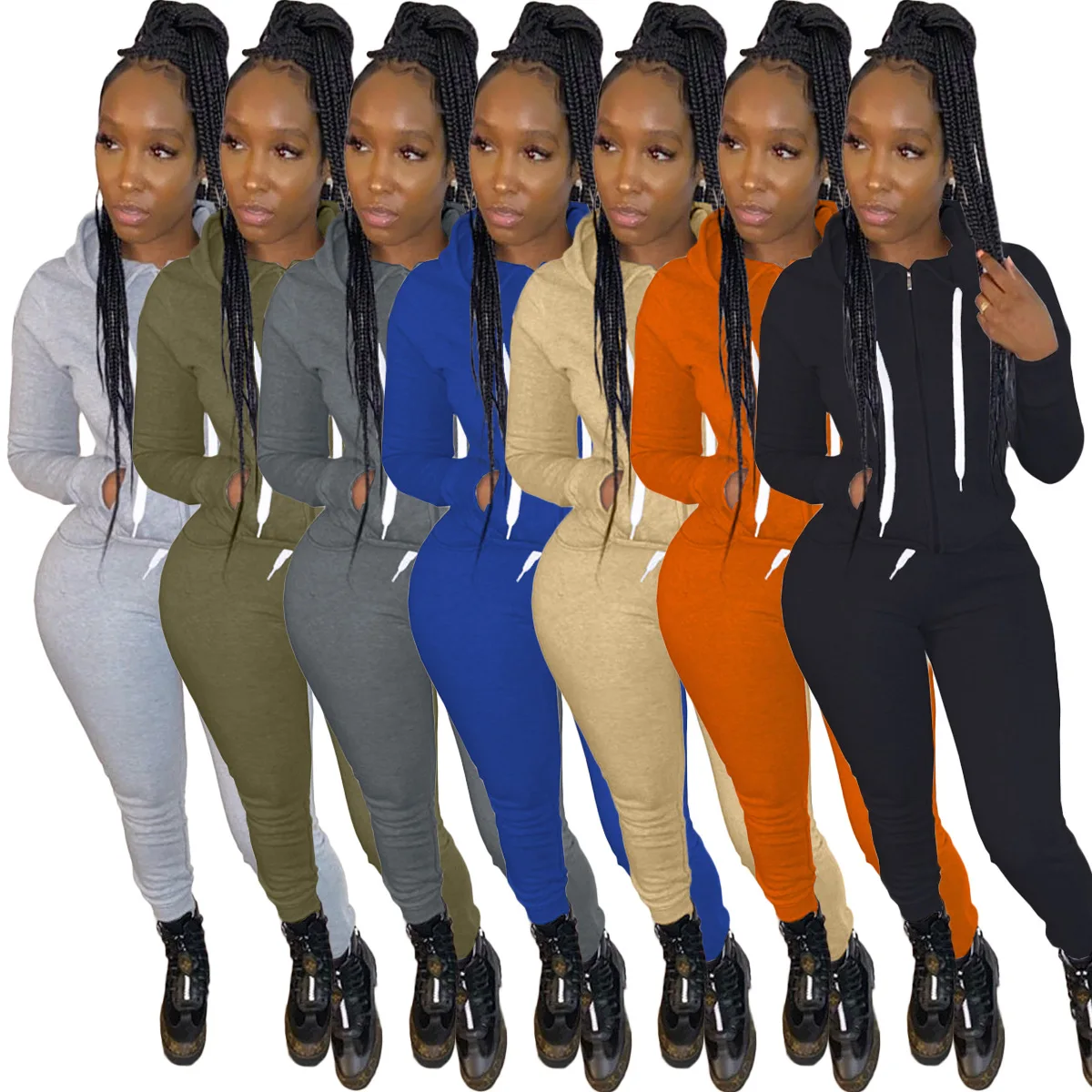 Nice Quality Hooded Ribbed Knit Two Piece Pants Sets Pockets Winter Outfits For Women Wholesale Sweat Suits Apparel Set