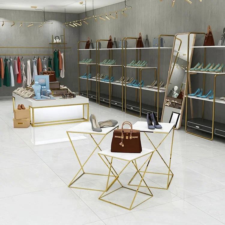 Commercial Gold Retail Clothing Shoe Display Table Fashion Garment Store Window Display Furniture Design