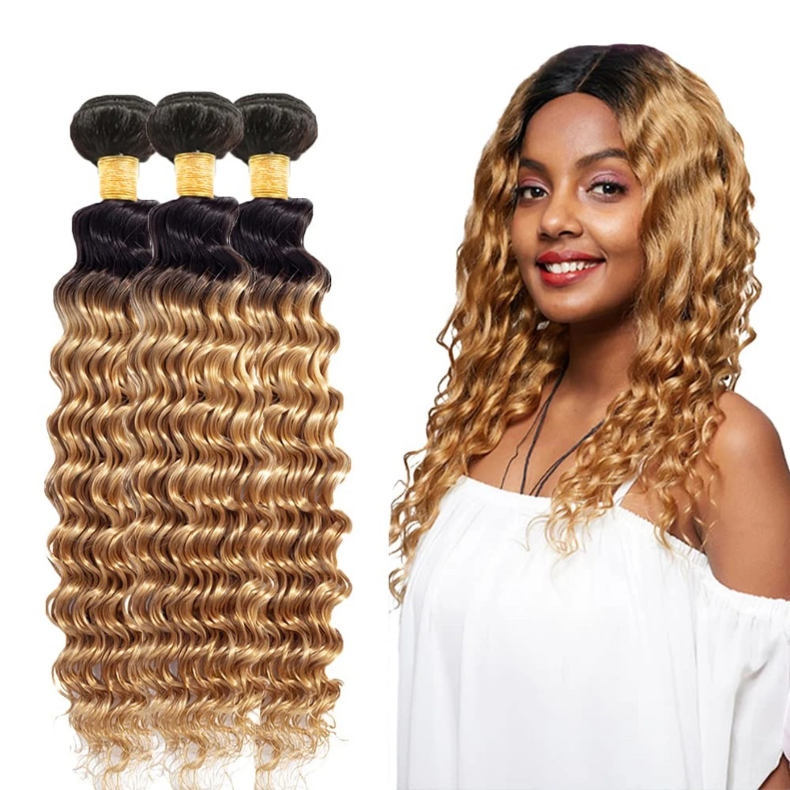 Deep Wave Bundles With Closure 1B/16 Ombre Brown Colored Deep Wave Vigin Human Hair Brazilian Remy Human Hair Weave Bundles
