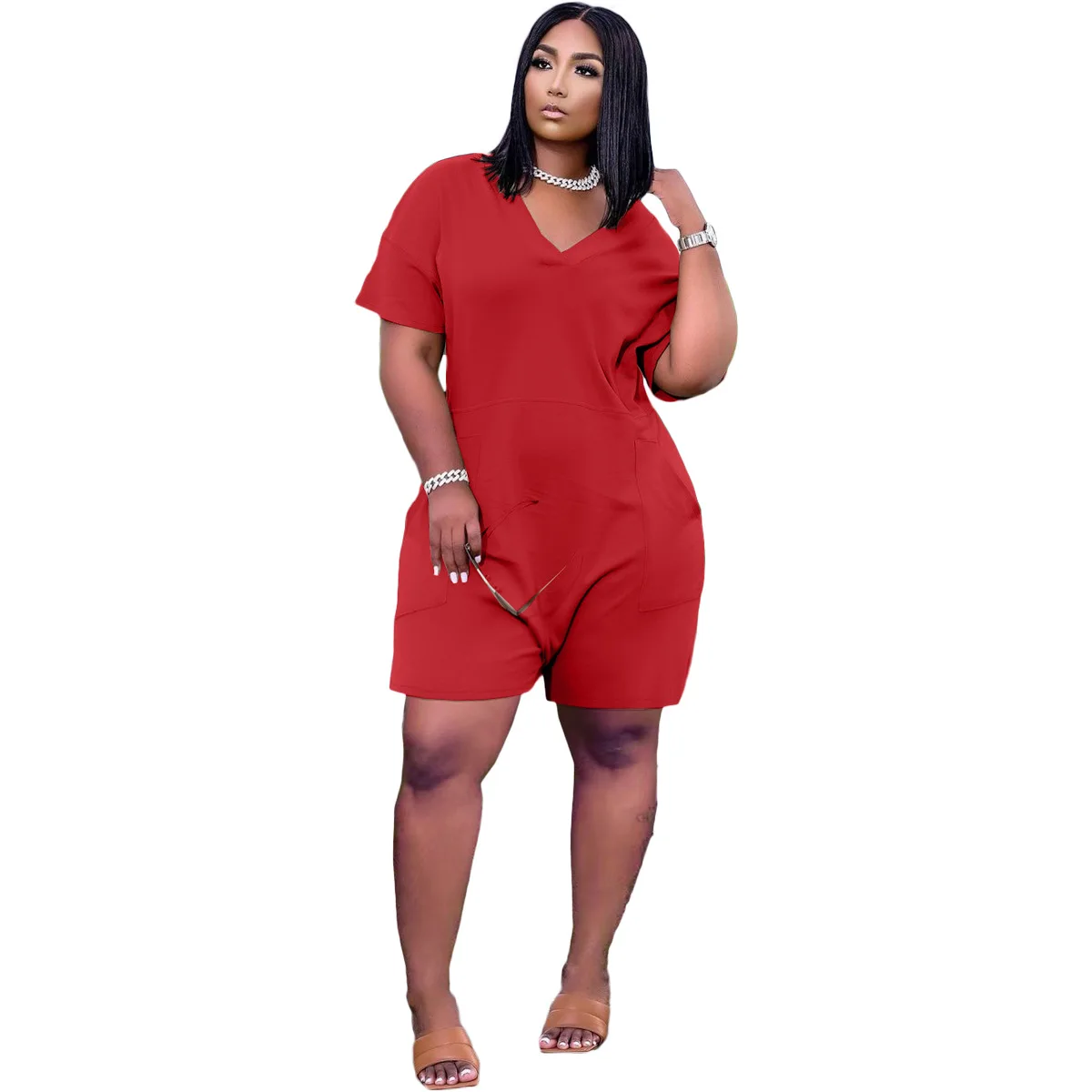 Hot Selling 2023 Short Sleeve Romper for Fat Woman V Neck Pocket Jumpsuit