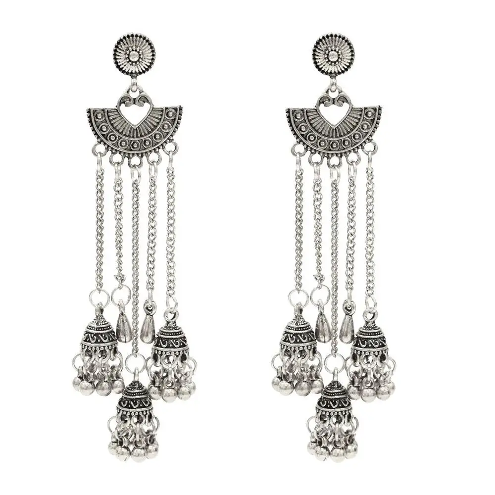 Long Tassel Statement Jhumka Earrings Indian Vintage Silver Gold With Birdcage For Women Party Ethnic Jewelry