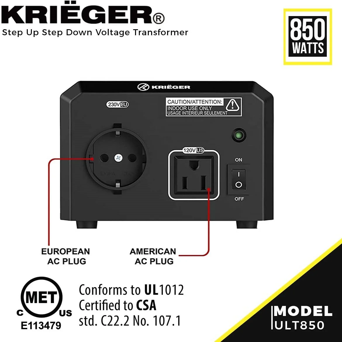 Krieger 850 Watt Voltage Transformer 110/120V to 220/240V Step Up Step Down Voltage Converter MET Approved