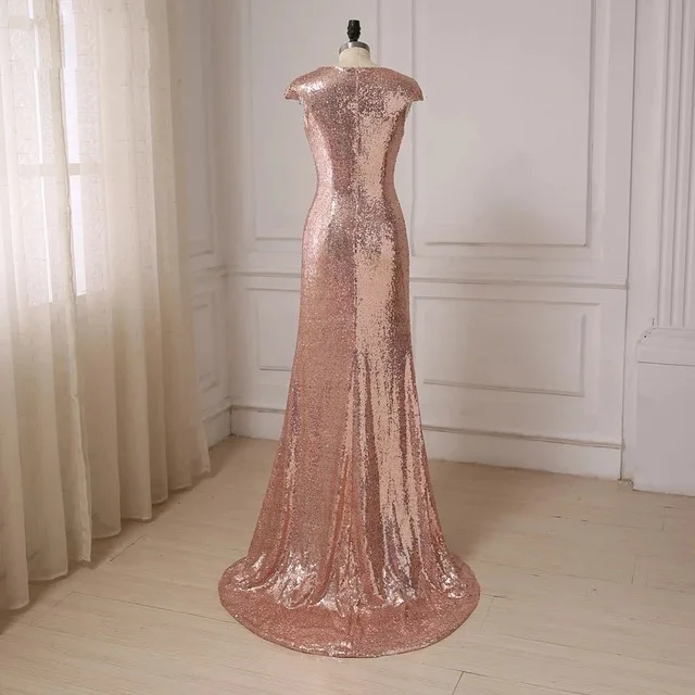 Rose Gold/Green/Burgundy Sequins Slit Evening Party Dresses Plus Size Cap Sleeve Bridesmaid Prom Gowns