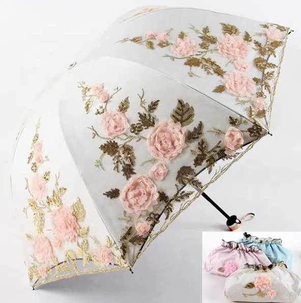 2024 hot seller vintage lace sun umbrella folding 3D flower embroidered lady umbrella outdoor parasol umbrella