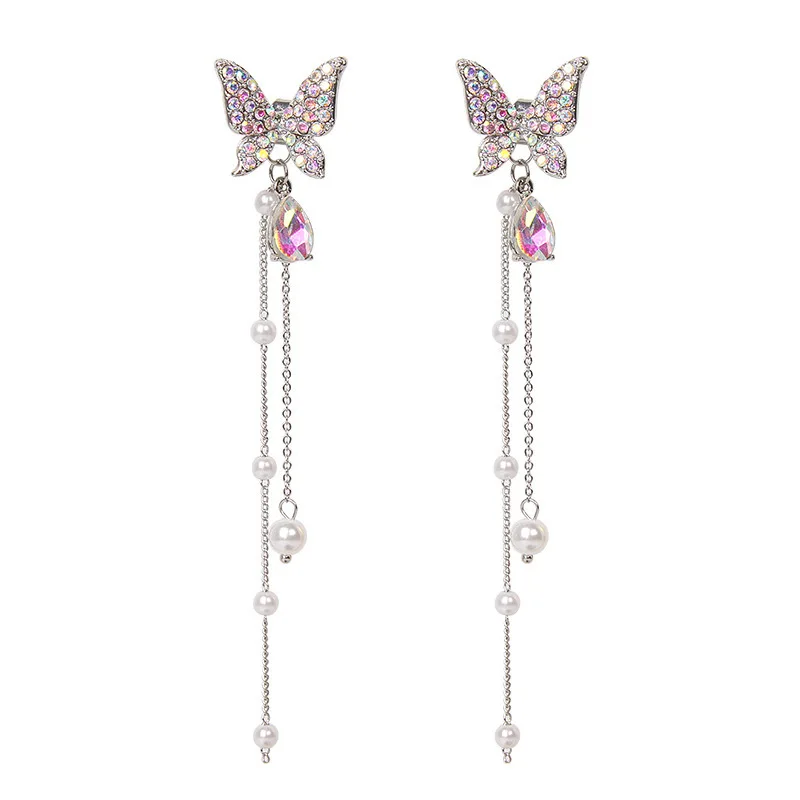 Fashion 925 Silver Needle Earrings Purple Diamond Butterfly Long Pearl Tassel Earrings