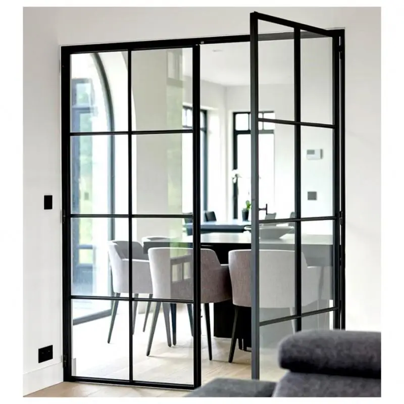 Modern Interior Office Partition Garden Patio French Style  Powder Coated Black Glass Door With Steel Frame