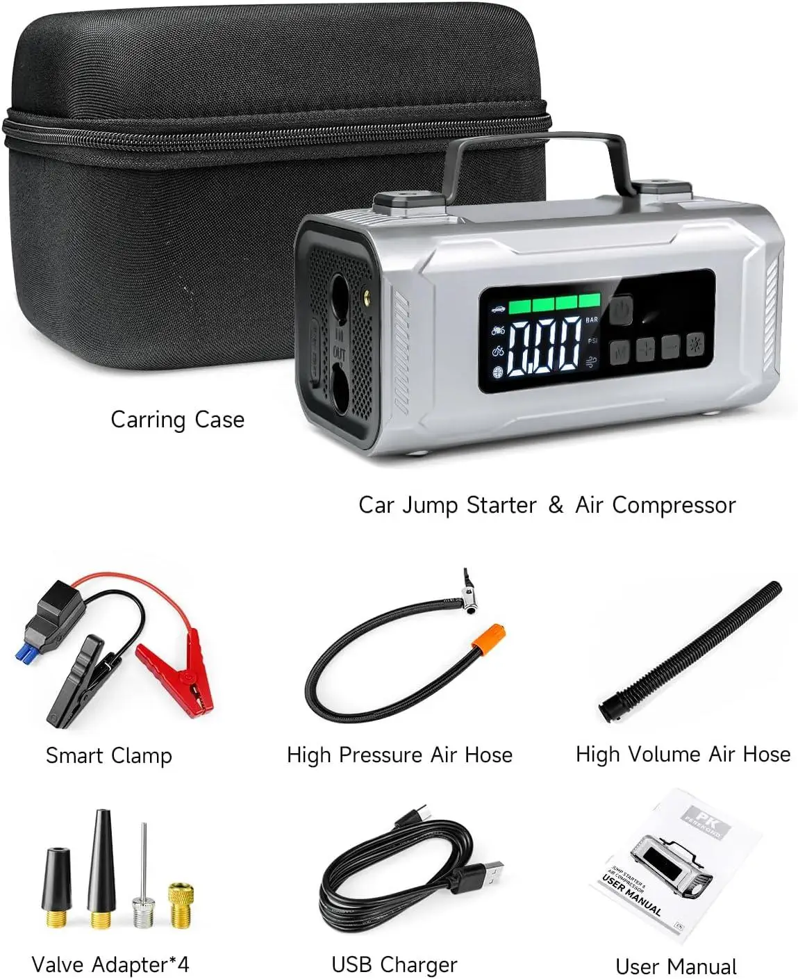 HF04 new model jump starter inflatable portable 6 in 1 compressors 12v AC/DC air compressor car inflator with highlight LED
