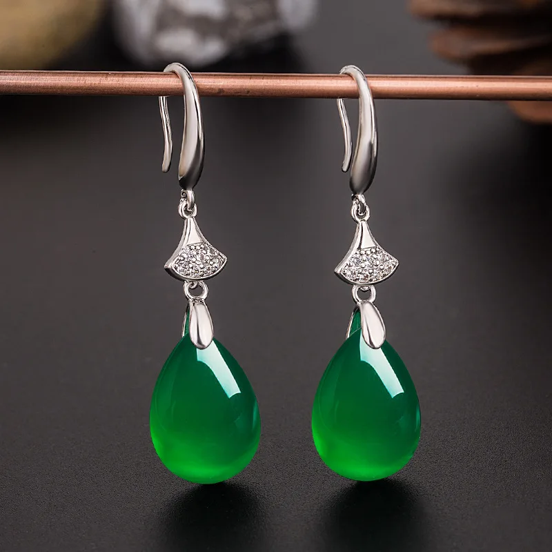 Green Chalcedony Eardrop Classical Ethnic Style Jewelry Chinese Style Hanfu Synthetic Hetian Jade Long Earrings