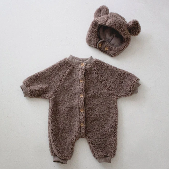 Winter Infant Toddler Girls Boys Bear Thickened Velvet Pajamas Hat 2pcs Overall Sleepwear Baby Warm Jumpsuit