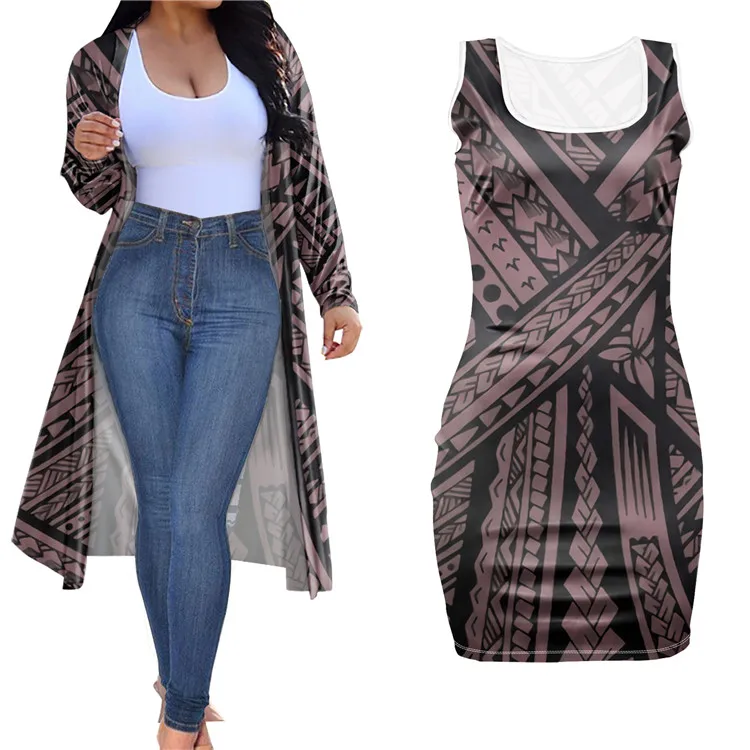 Newest Women Set Tribal Polynesian Custom Print 2 Piece Set Outfit Women Clothing Short Bodycon Dress With Long Coat Plus Size