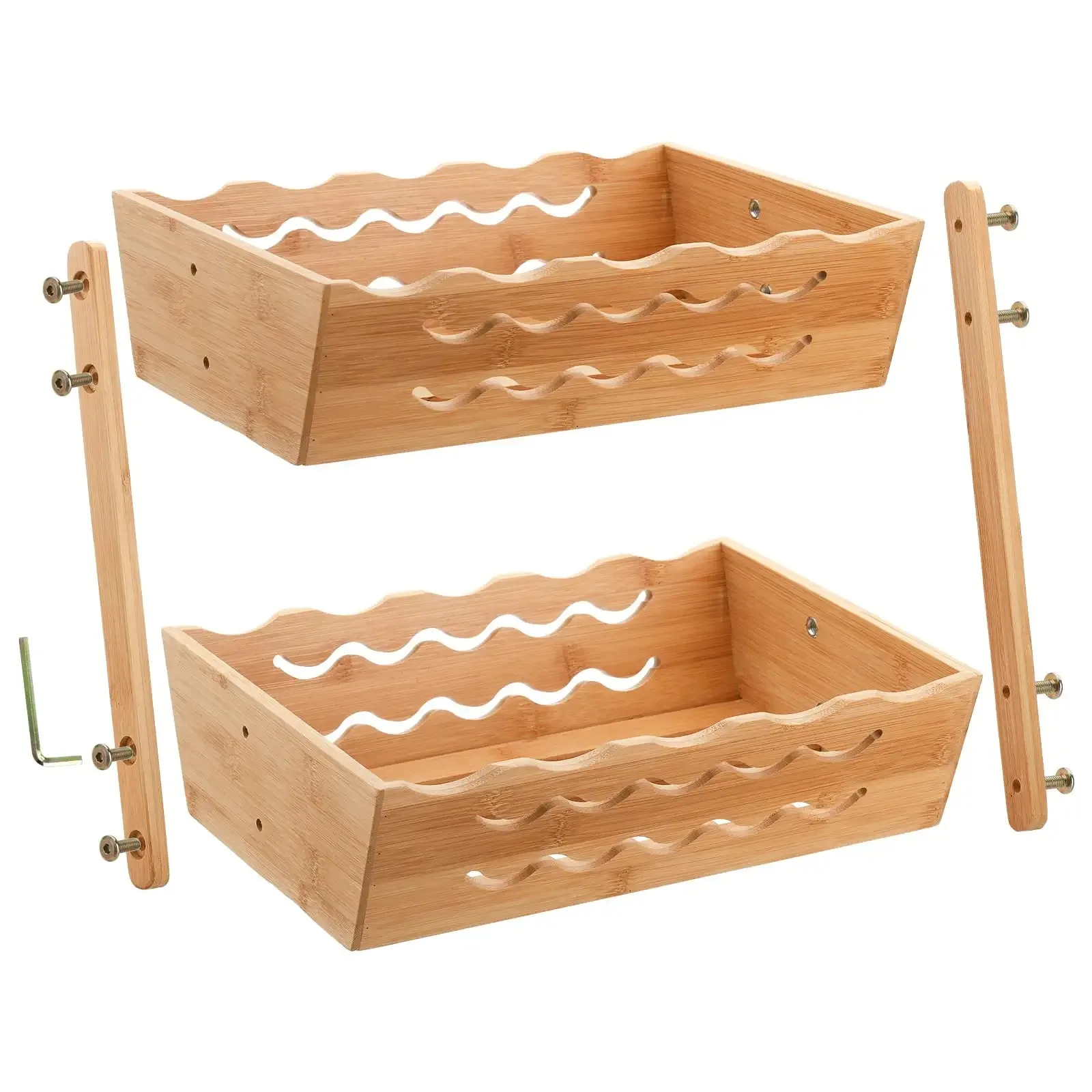Bamboo Fruit Basket 2-Tier Bread Storage Organizer Vegetable Holder Bowl Display Rack for Kitchen