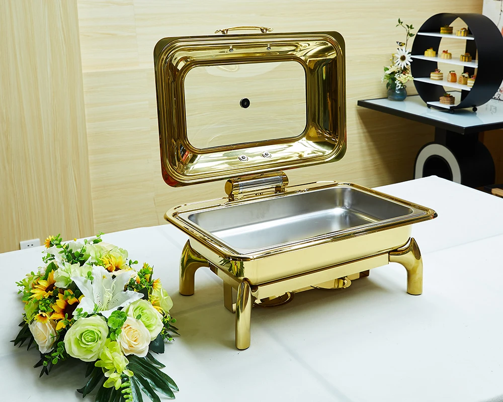 Прямоугольная тарелка из нержавеющей стали, оборудование для кейтеринга, двойная кастрюля, 9 л, золотая, с откидной крышкой