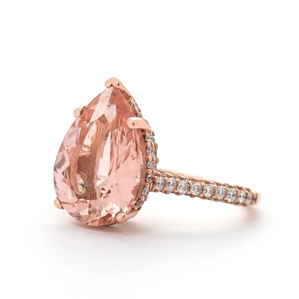 Bijoux Sterling 925 Silver Rose Gold Plate Prong Setting Pear Shape Synthetic Morganite Stone Bridal Ring Jewelry