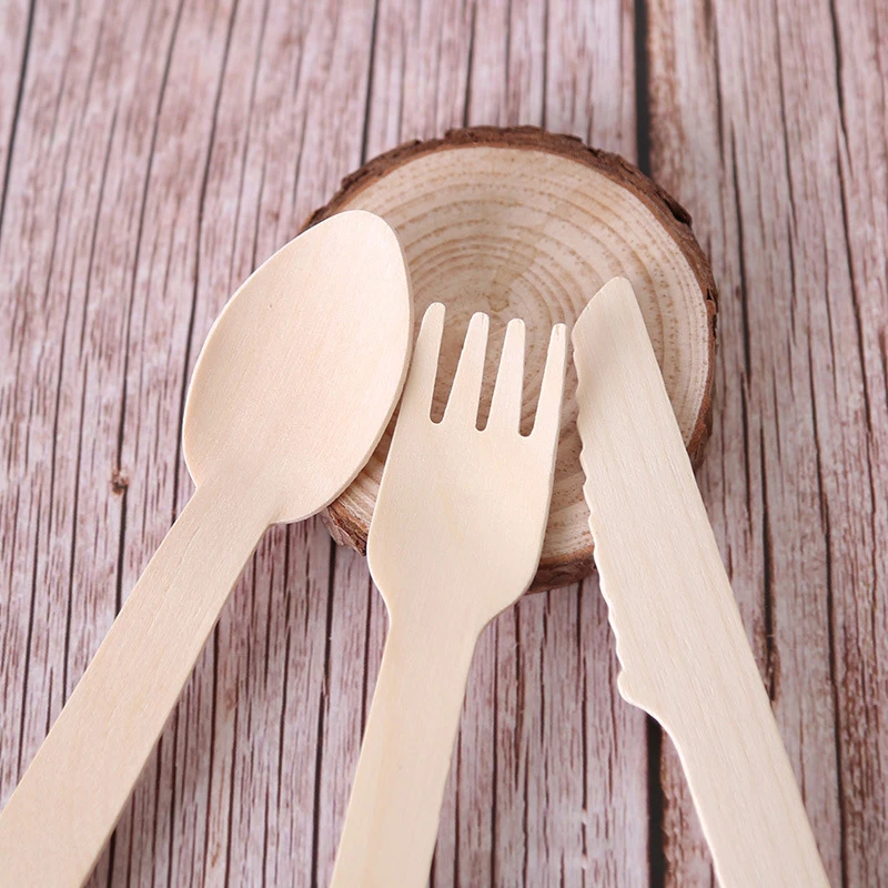 Eco Friendly Disposable Tableware Degradable Disposable Tableware Western Food Wooden Spoon Knife And Fork