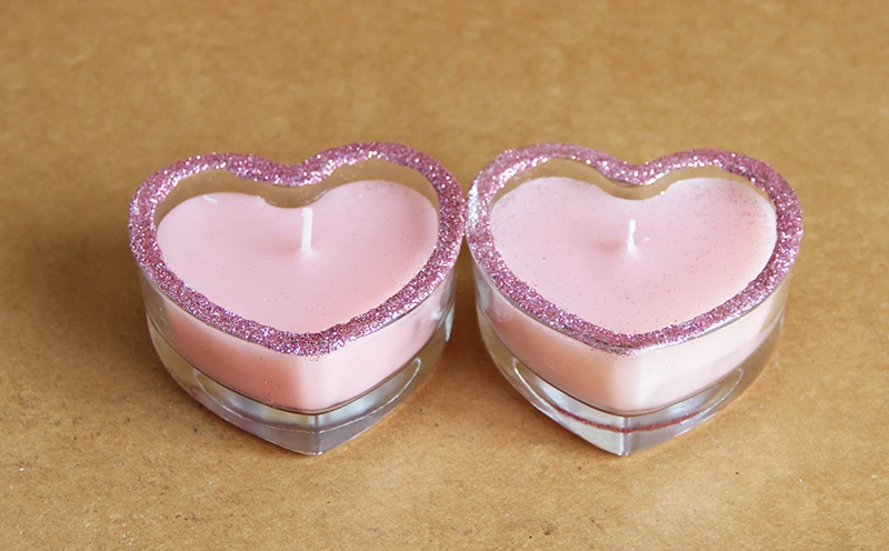 Pink Glass Glitter Rose Fragrance Customized Scented Heart Shaped Candles Wholesale