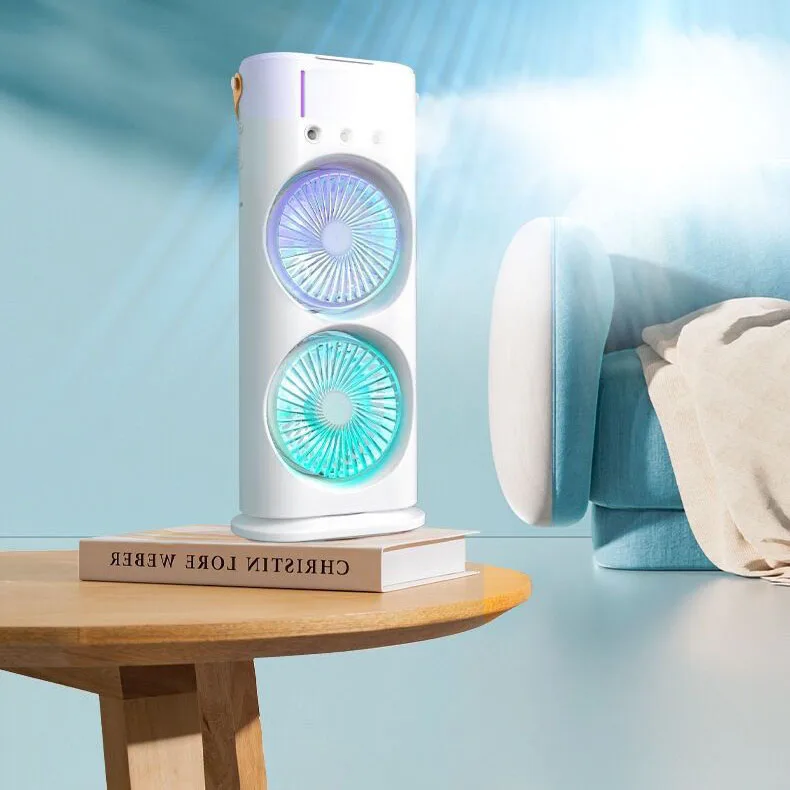Portable Air Cooling Desk Fan Twin Rotatable Electric Handy Table Fan Outdoor Garage Use Mechanical Made Plastic With Water Tank