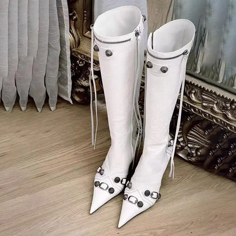 2024 New pointed tassels with fashion long boots for women with metal spikes and high heels