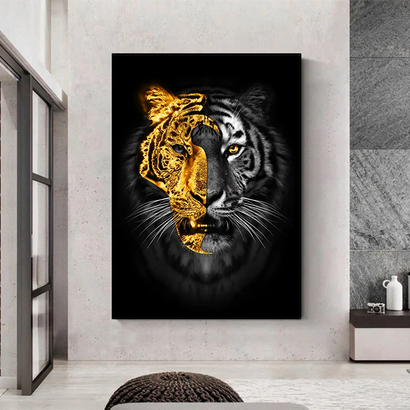 Print Animal Art Gold Black Tiger Painting Modern Poster Wall Picture Wall Art for Living Room Interior Home Decorate