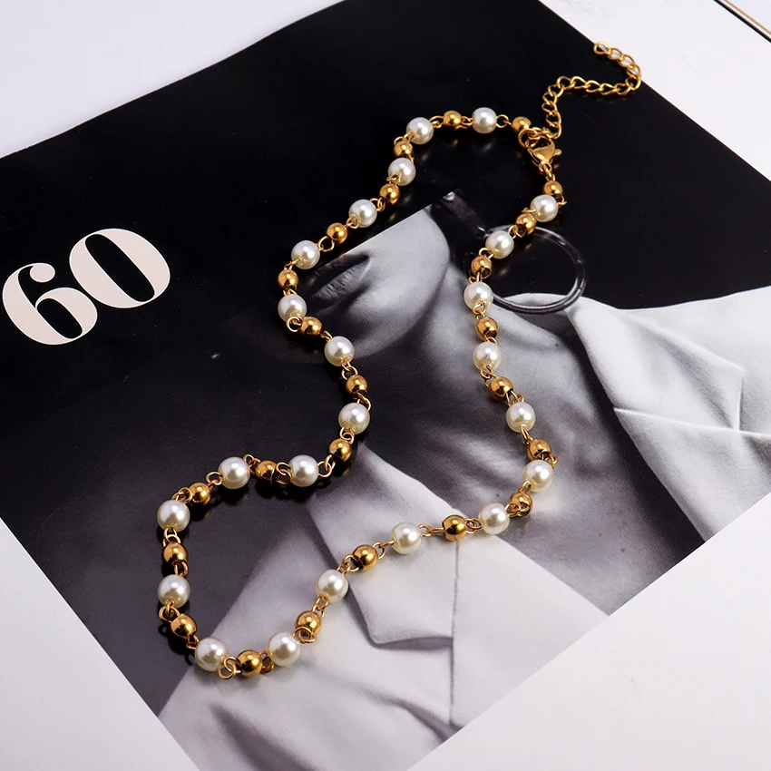 Dainty 18K Gold Beads Link Chain Necklace Elegant Temperament Ladies Jewelry Waterproof Small Pearl and Bead Choker Necklace