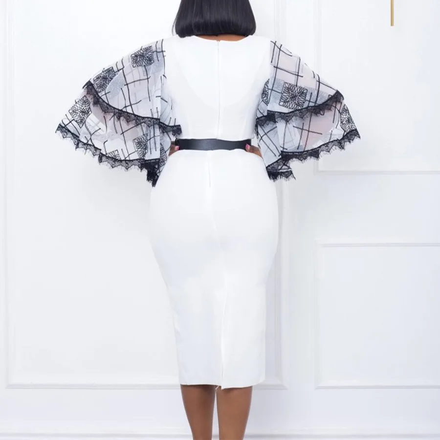 D301 New design spring women clothes flare sleeve ladies office dresses v neck midi belt pencil elegant women dress career dresses