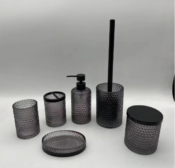 Hot Sale Embossed Black Glass Bathroom Set 4 pcs Glass Bath Sets Soap Dispenser Toothbrush Holder Bathroom Accessories Set