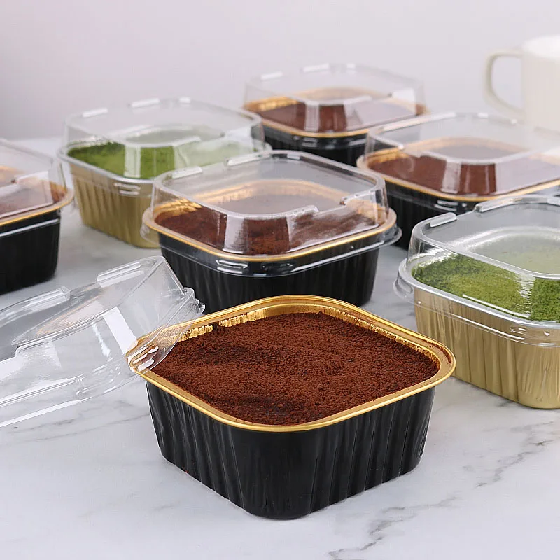 Wholesale 150ML Chocolate Dessert Box Disposable 5 oz Aluminum Foil Cup Square Black And Gold Honey Cups With Plastic Lids