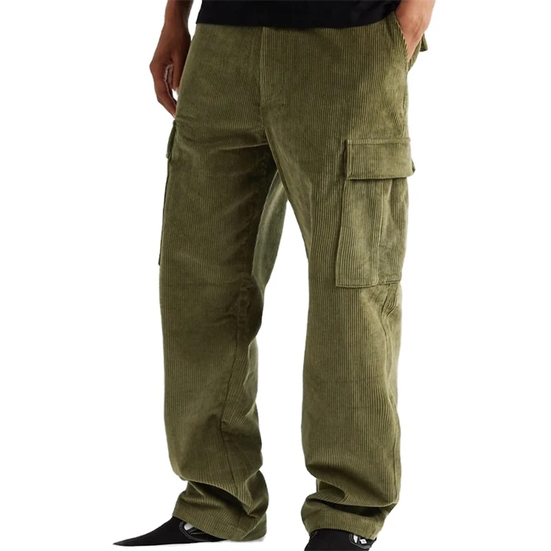 Wholesale Custom Men Straight Leg Corduroy Casual Track Cargo Pants With Big Pockets Plus Size Athletic Pants