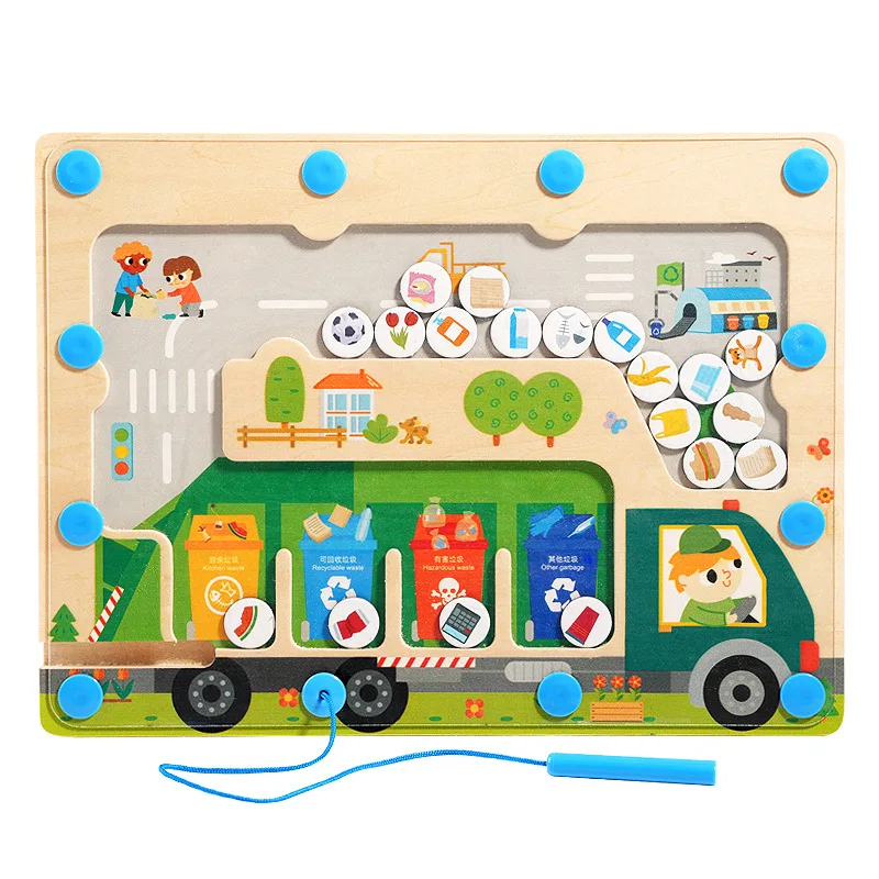 2024Hot saleQuality Classification Play Set Garbage Sorting Bins Enfants Wooden Eco Recycling Center Game Truck Toy For Children