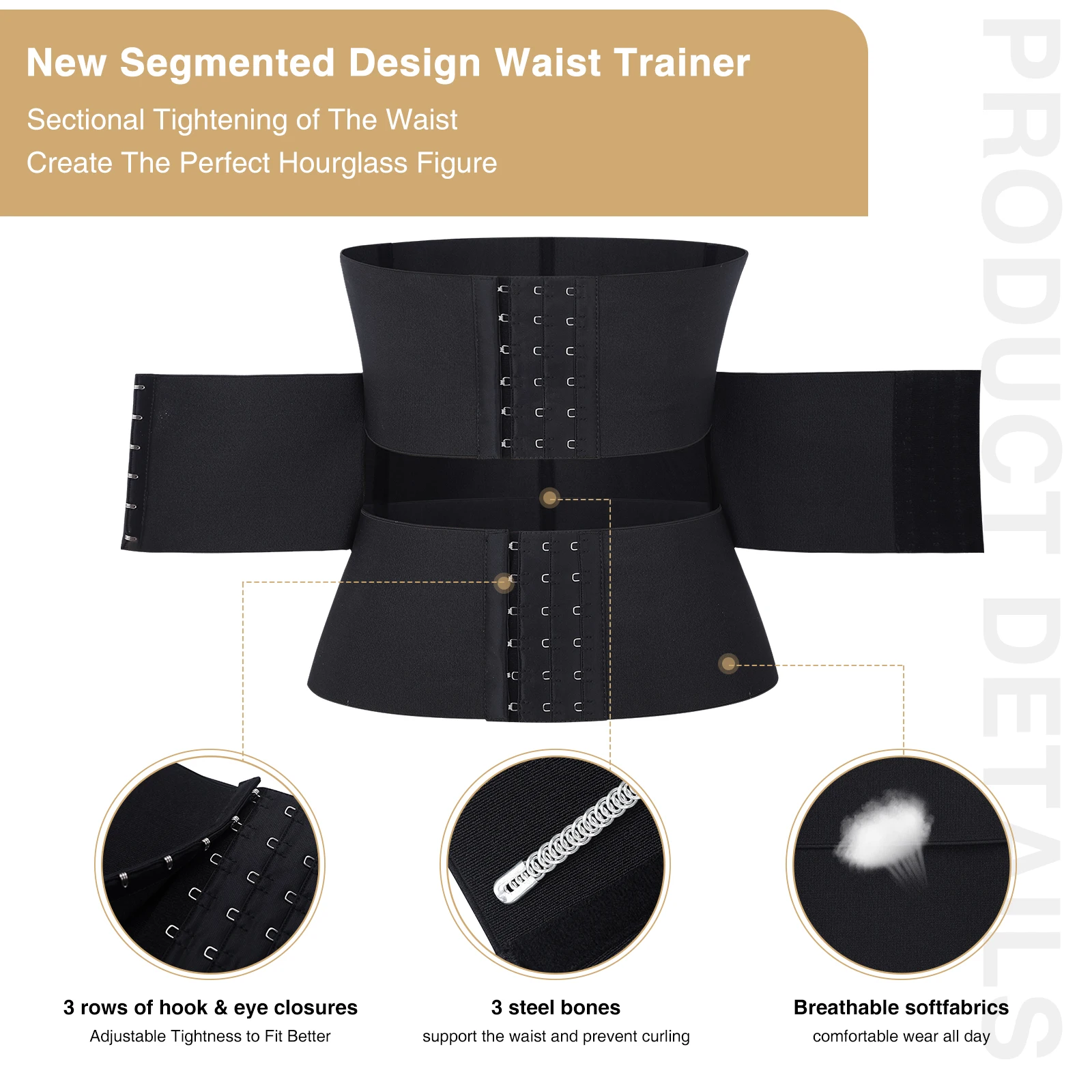WAISTDEAR Logo Service 3 Piece Segment Slimming Belt Waist Trainer Elasticity Breathable Full Body Steel Boned Waist Trainer