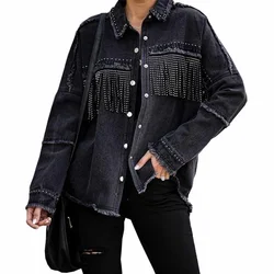 European American Denim Jacket Female Black Long Sleeve Fringed Denim Coat Women