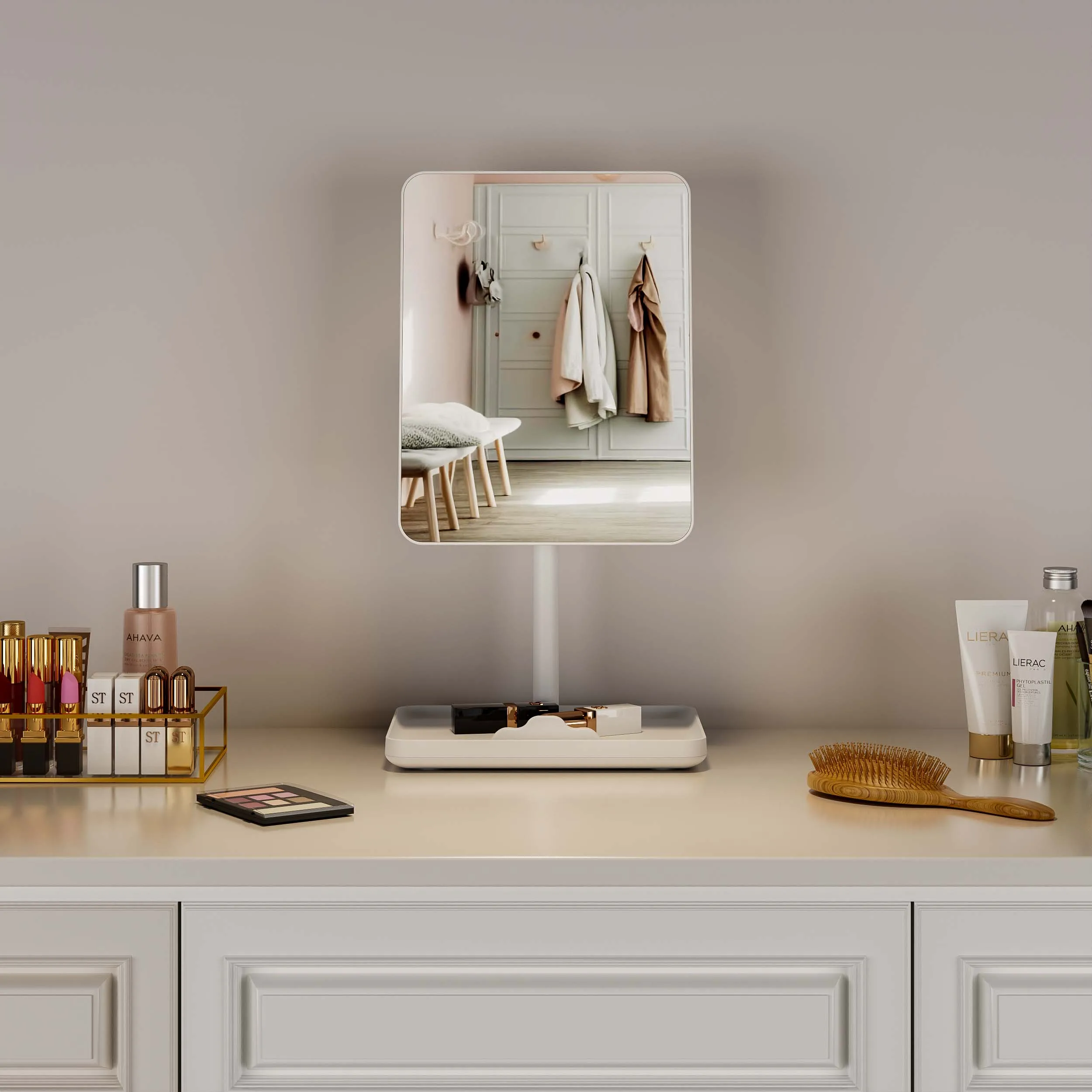 Desktop Storage Adjustable Cosmetic Make Up Portable Supplier Phone Holder Vanity Mirror With Storage Table Makeup Mirror