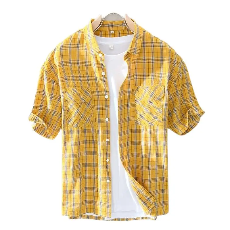 Kafany Garment Classic Plaid Shirt for Men Summer Casual Loose Lapel Pocket Cotton Linen Short-Sleeved Youth Male Clothes