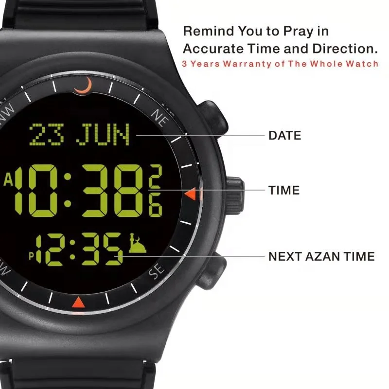 Muslim Digital Prayer Time Alarm Sports Watch Plastic Case Silicon Strap Back Light AS-S016