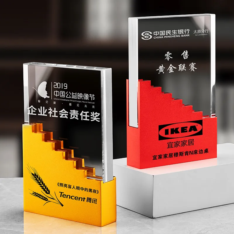 Customized Metal Glass Trophy Unique Carved Awards Sports Events Souvenir Gifts UV Printed Medal Insurance Made Plastic Crystal