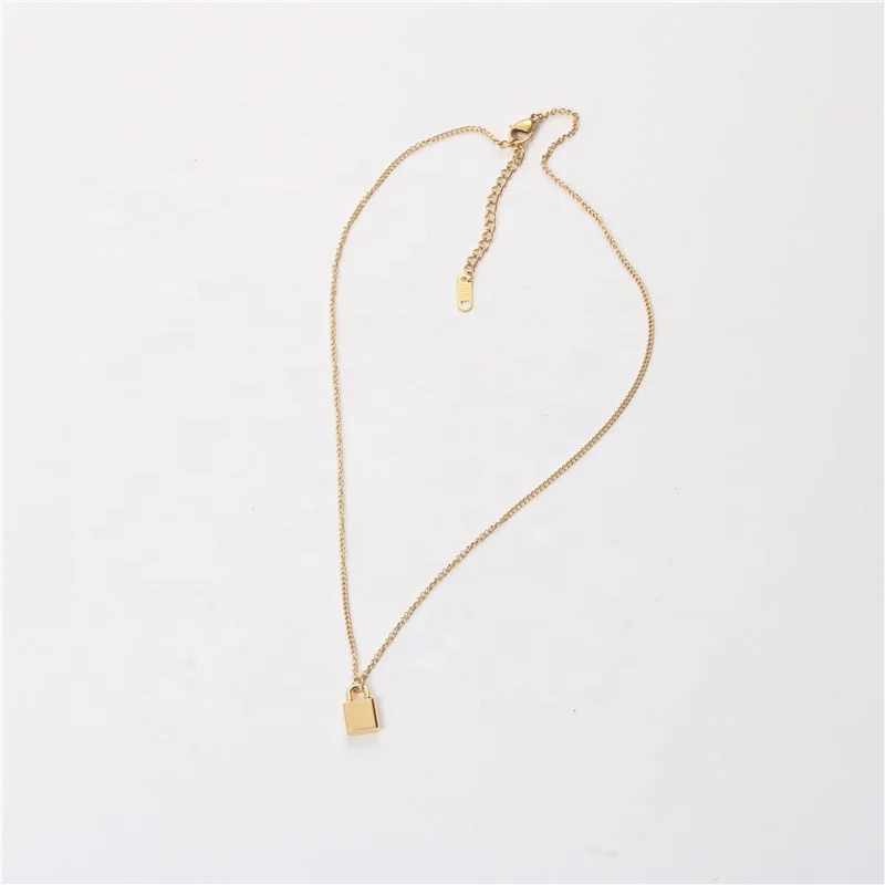 Stainless steel gold plated simple geometric jewelry cute tiny plain padlock lock charms pendant necklace jewelry for women