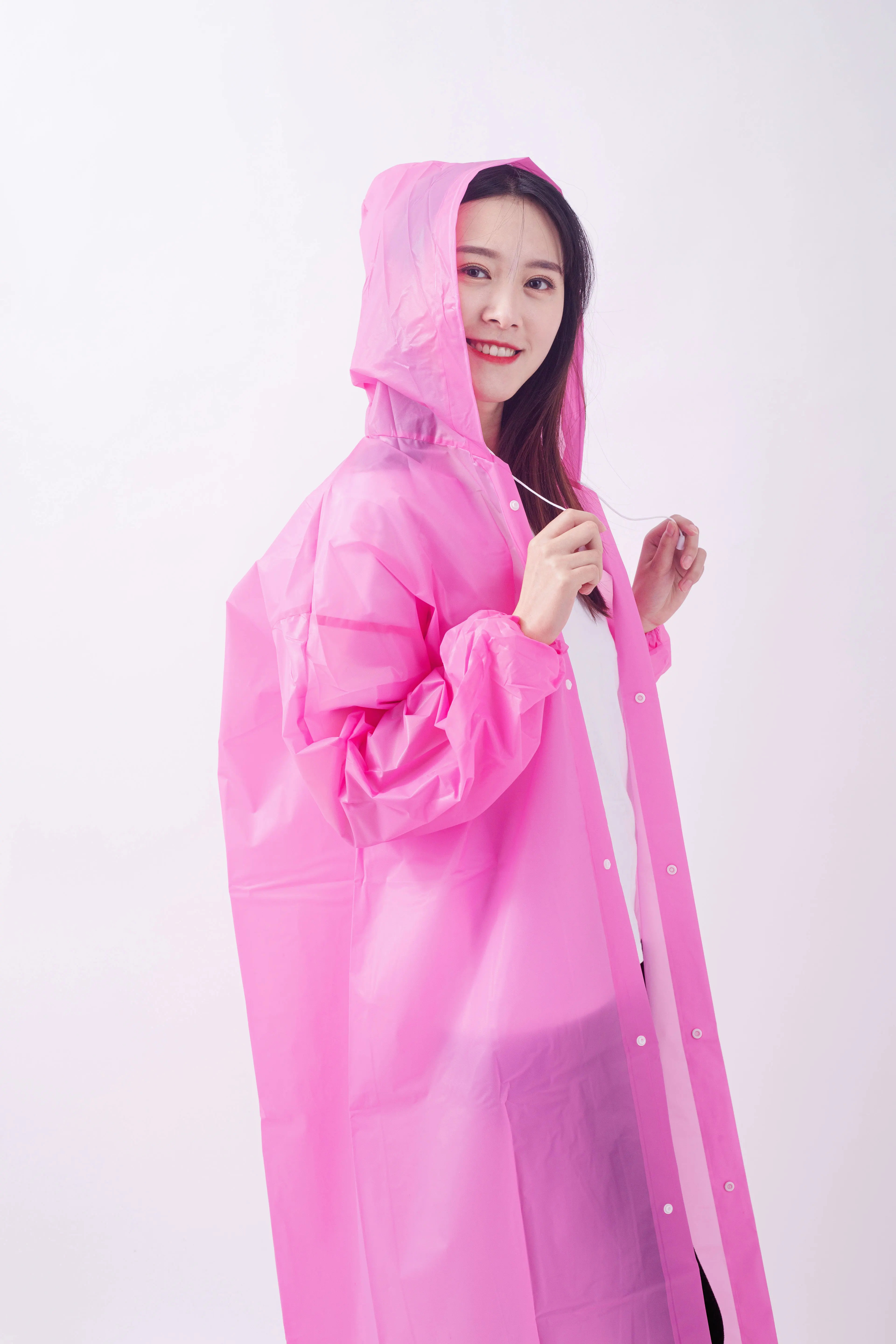 Pink Long PEVA Reusable Adult Raincoat Eco-Friendly Waterproof Raincoat