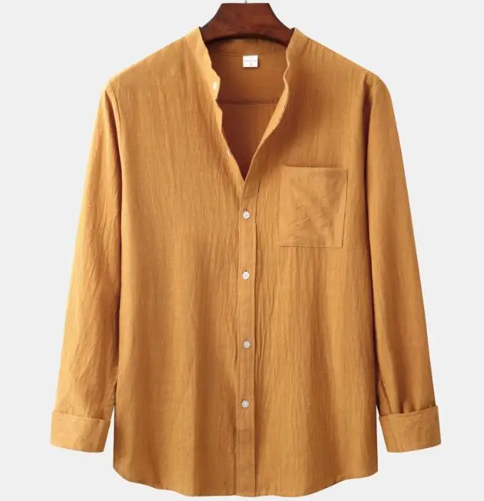 Mens Button Up Shirt Solid Color Breathable Cotton Linen Shirts Plain Black Blue Long Sleeve Shirts