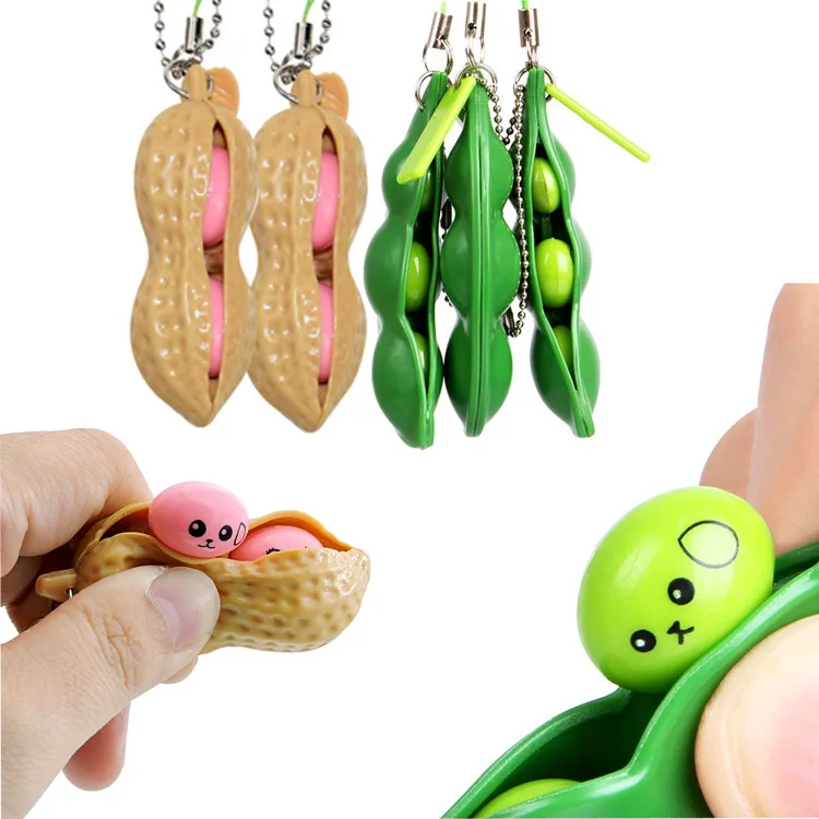 2021 New Squishy Squeeze Peas Beans Key Chain Bean Pod Key Chain Anti Stress Bean Fidget Key chain Decompression Fidget Toys