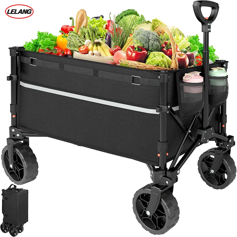Low MOQ Folding Collapsible Shopping Wagon beach fishing carts Pull Trolley Large Capacity 4 Wheels aluminum Camping Beach Cart