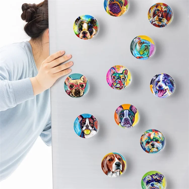 12Pcs Glass Refrigerator Magnet Fridge Sticker,Oil Painting Dog Fridge Magnets Decoration