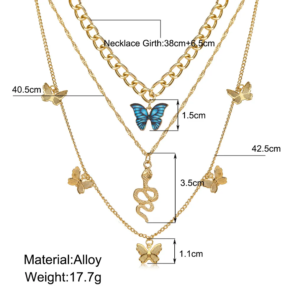 2022 Fashion Retro Long Adjustable Gold Plated Necklace Blue Snake Multilayer Necklace Three Floors Butterfly Necklace for Women