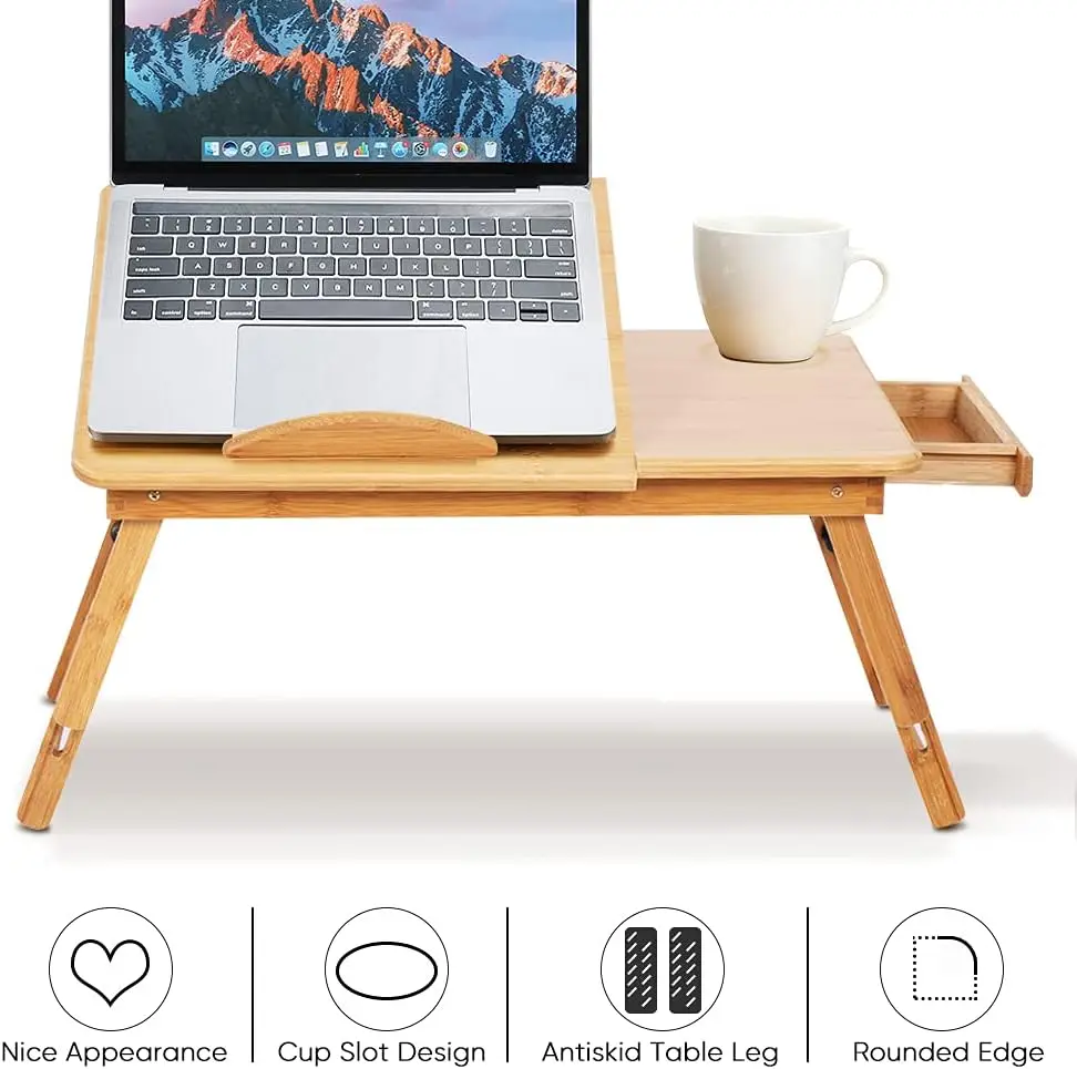 Durable Bamboo Desktop Tray, Adjustable Height and Tilting Bed Tray, foldable laptop for reading, lunch
