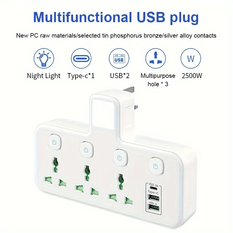 Eu Standard Plug Wall Mounted Independent Switch Power Socket With 3 Sockets 2 Usb Ports And 1 Type C 4000w