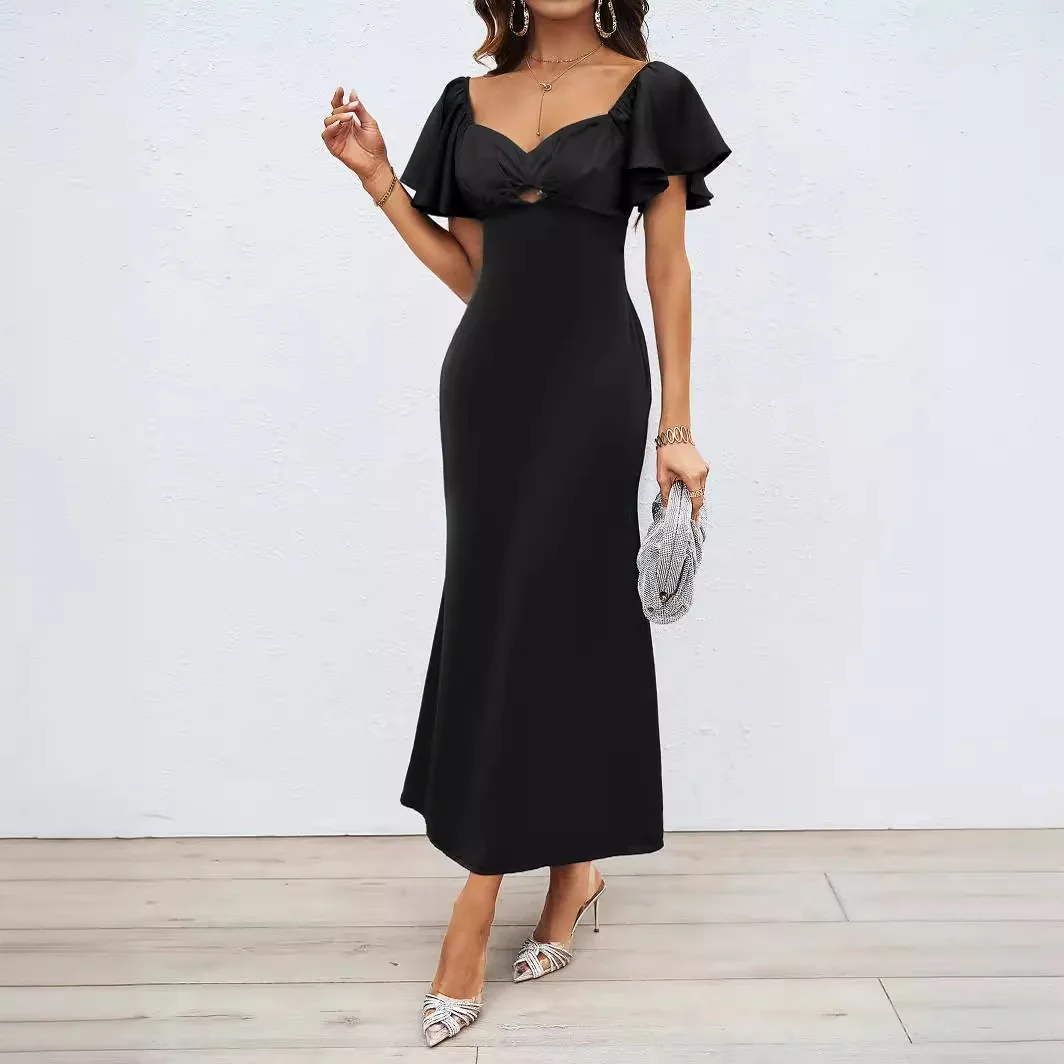 YFS batch 2024 summer new short-sleeved solid color slim temperament dress hollow sexy dress