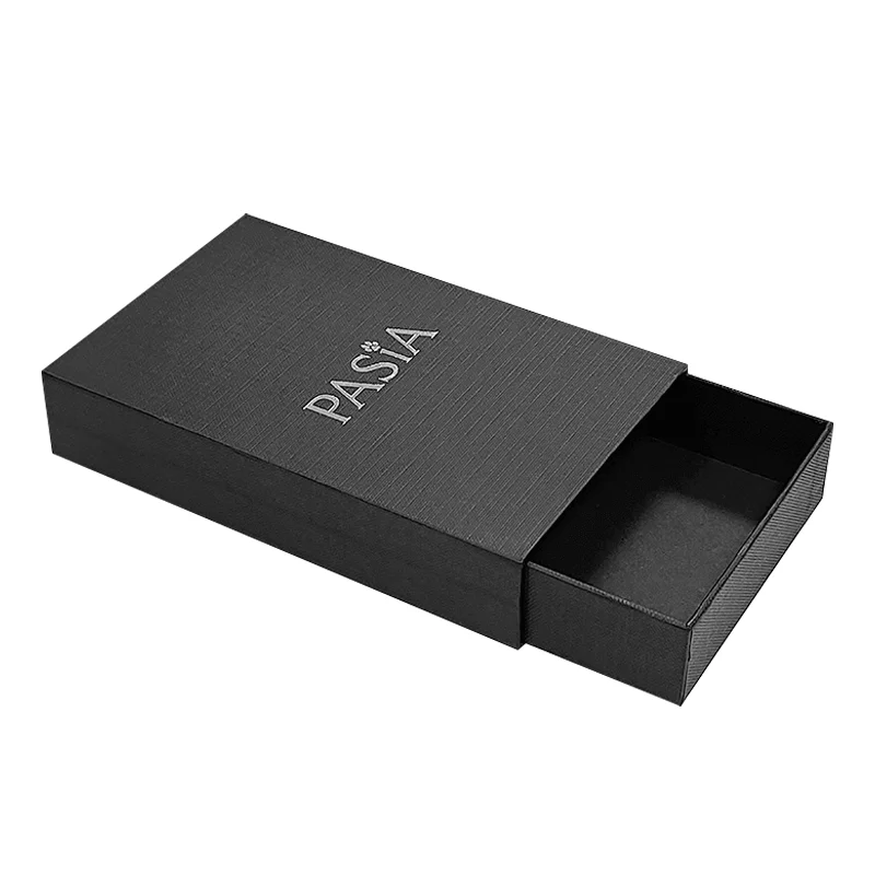 premium luxury black boxes for packaging with a special texture linen pattern pull out sliding logo silver foil stamping