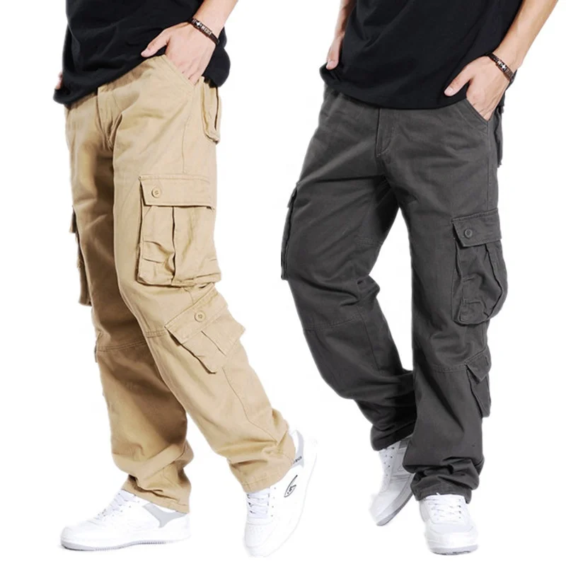 Men Pants Casual Rope Loosening Heavyweight Fit Cargo Pants Solid Color Jogger Sports Trousers