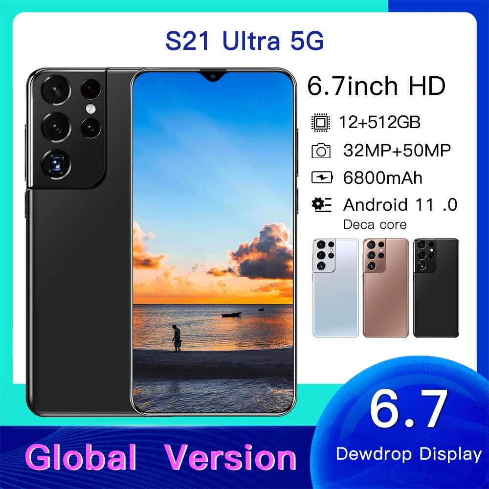 Дешевый мобильный телефон S21 Ultra 5G Android двойной смартфон разблокированный Оригинальный игровой сотовый с распознаванием лица/отпечатков пальцев